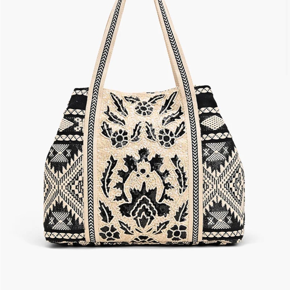 Black and White Tote Bag - Hand Beaded